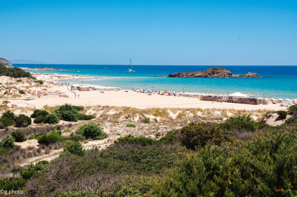Cala Tuerredda, una delle spiagge più belle dei 4 giorni in Sud Sardegna, vista dalla macchia mediterranea